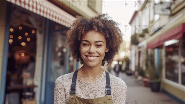 Proud young adult multi-ethnic female at the entrance of her quaint bakery in europe