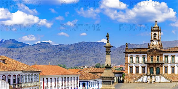 Ouro Preto central square with its historic buildings and monuments in 18th century Baroque and colonial architecture