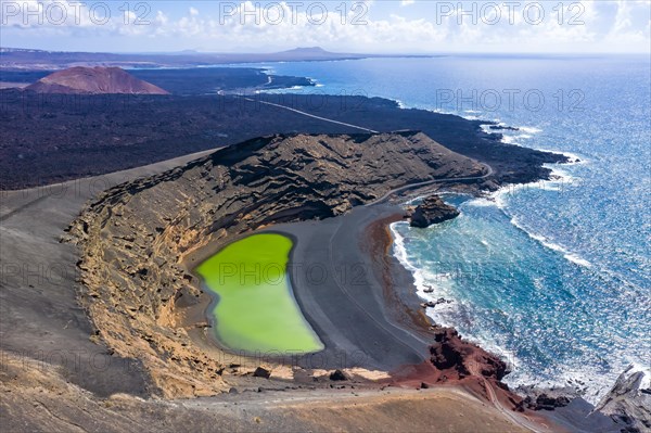 Green lake Charco de Los Clicos Verde near El Golfo in the Canary Islands Aerial view on the island of Lanzarote