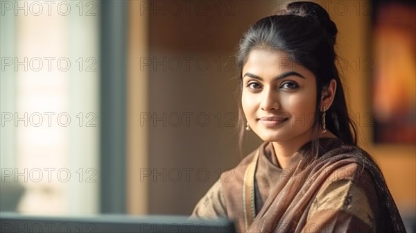 Smiling successful young adult Indian executive businesswoman in her office