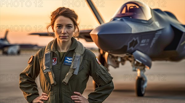 Proud young adult female air force fighter pilot in front of her lockheed martin F-35 lightning II combat aircraft on the tarmac