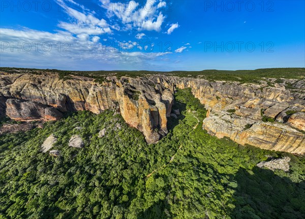 Aerial of the Sandstone cliffs in the Unesco site Serra da Capivara National Park