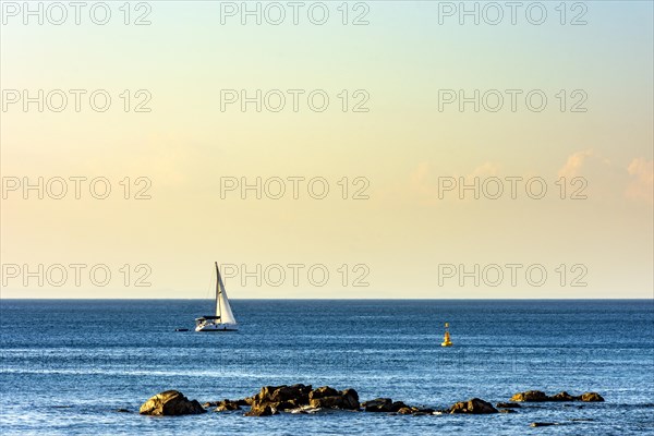 Sailing boat sailing over the calm waters of Baia de Todos os Santos in the city of Salvado in Bahia