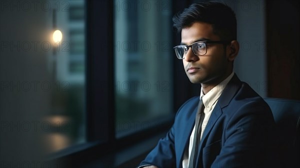 Contemplative successful young adult Indian executive businessman in his office