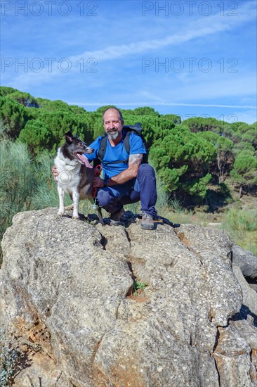 Man on a rock with his border collie dog with a pine forest in the background