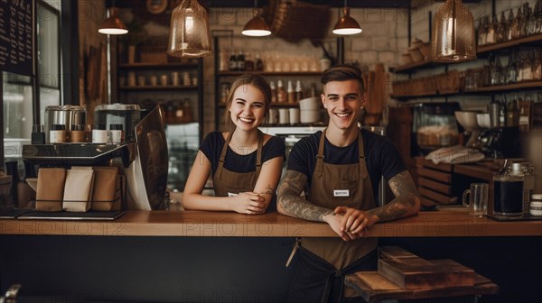 Proud young adult couple at the counter of their new bakery shop in europe