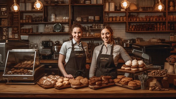 Proud young adult female partners at the counter of their new bakery shop in europe