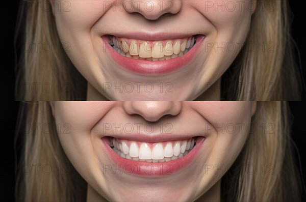 Young adult girl showing her beautiful before and after teeth whitening smile