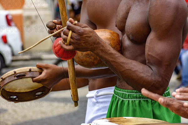 Musical instruments used during capoeira performance in the streets of Pelourinho in Salvador in Bahia