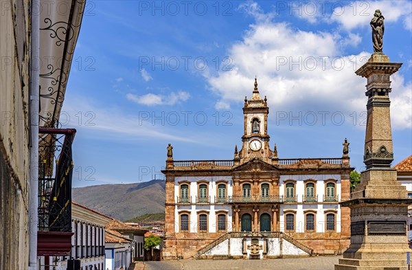 Ancient Ouro Preto central square with its historic buildings and monuments in 18th century Baroque and colonial architecture