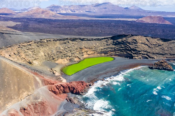 Green lake Charco de Los Clicos Verde near El Golfo in the Canary Islands Aerial view on the island of Lanzarote