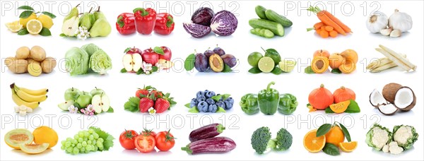 Fruit and vegetables fruits with apple orange lemon tomatoes as banner collage background cropped isolated in Stuttgart