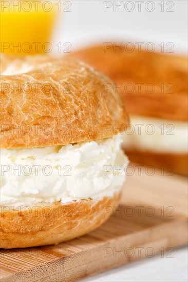 Bagel sandwich for breakfast topped with cream cheese close-up in Stuttgart