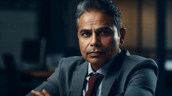 Contemplative successful middle-aged Indian executive businessman in his office
