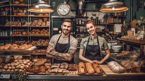 Proud young adult couple at the counter of their new bakery shop in europe