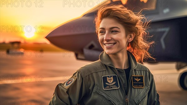 Proud young adult female air force fighter pilot in front of her lockheed martin F-35 lightning II combat aircraft on the tarmac