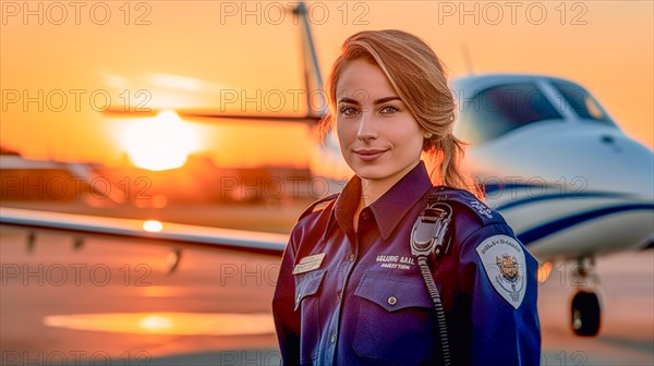 Proud young adult female airline pilot in front of her private executive jet on the tarmac