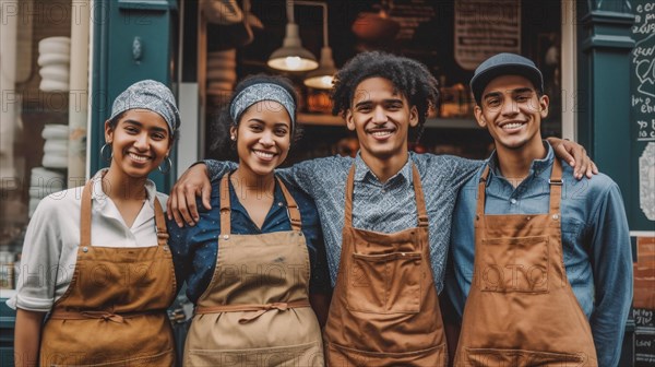 Proud young adult team at the entrance of their new bakery shop in europe