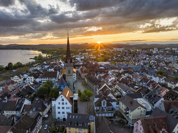 Aerial view of the town of Radolfzell on Lake Constance at sunset