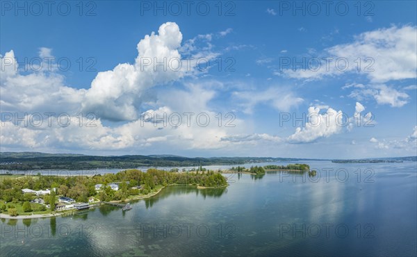 Aerial view of the Mettnau peninsula near Radolfzell with spa centre and restaurant business