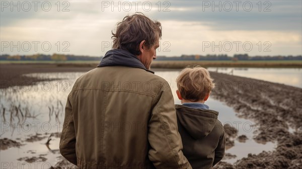 Distressed farming father and son look over their flooded farmland