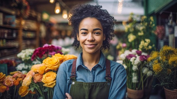 Proud young adult multi-ethnic female at the entrance of her quaint flower shop in europe