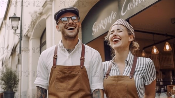 Proud young adult couple at the entrance of their new bakery shop in europe