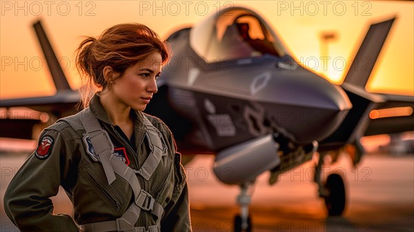 Proud young adult female air force fighter pilot in front of her lockheed martin F-35 lightning II combat aircraft on the tarmac