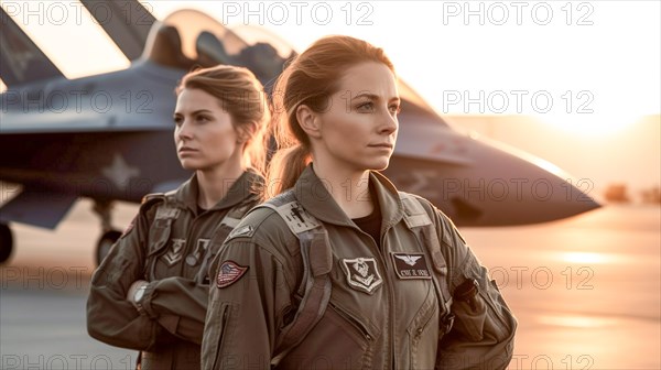 Two proud young adult female air force fighter pilots in front of their F-35 combat aircraft on the tarmac