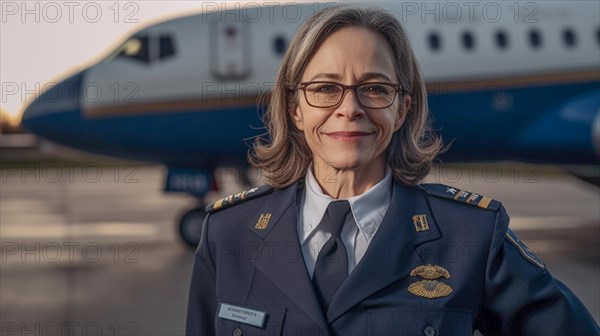 Proud middle-aged female airline pilot in her uniform in front of her passenger airplane on the tarmac