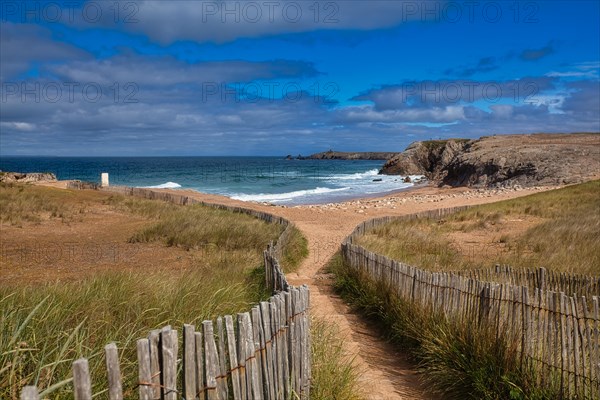 Cliffs and beach on the Cote Sauvage on the west side of the Quiberon peninsula