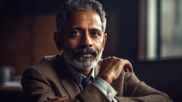Contemplative successful middle-aged Indian executive businessman in his office