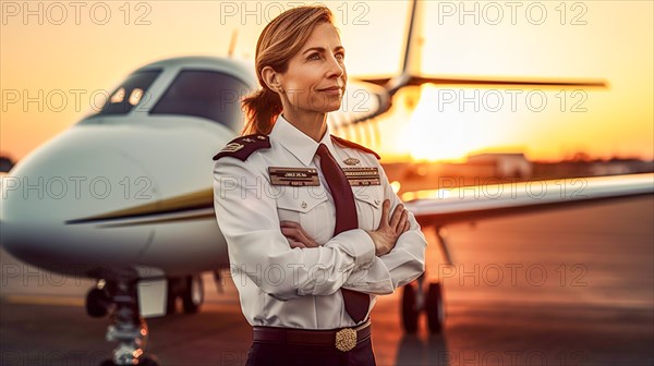 Proud young adult female airline pilot in front of her private executive jet on the tarmac