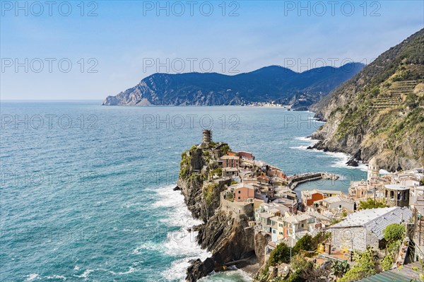 Scenic view of ocean and Vernazza village located in Cinque Terre