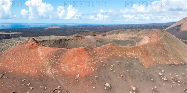 Volcanic crater in Timanfaya National Park in the Canary Islands Panorama aerial view on the island of Lanzarote