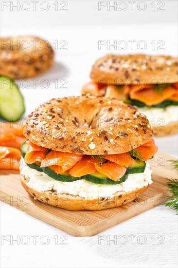 Bagel sandwich for breakfast topped with salmon fish in Stuttgart