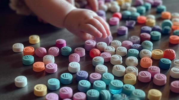 A young toddler is reaching for some rainbow fentanyl pills at home