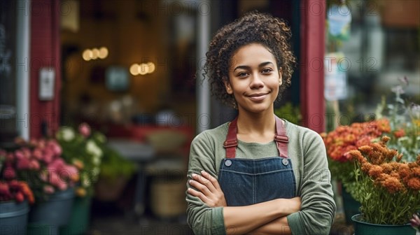 Proud young adult multi-ethnic female at the entrance of her quaint flower shop in europe