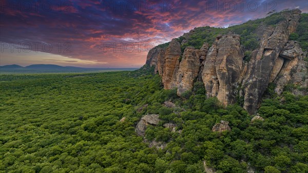 Aerial of the Sandstone cliffs in the Unesco site Serra da Capivara National Park