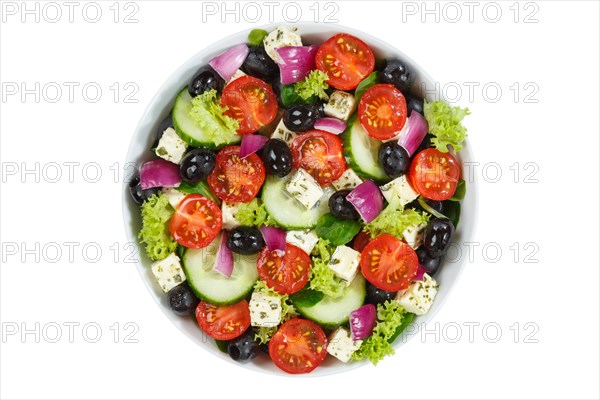 Greek salad with fresh tomatoes olives and feta cheese healthy nutrition food from above free-standing in Stuttgart