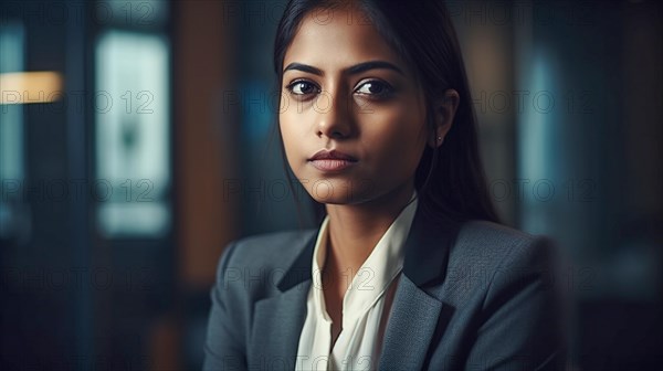 Contemplative successful young adult Indian executive businesswoman in her office