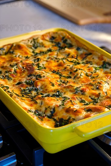 Traditional homemade lasagna in ceramic baking casserole