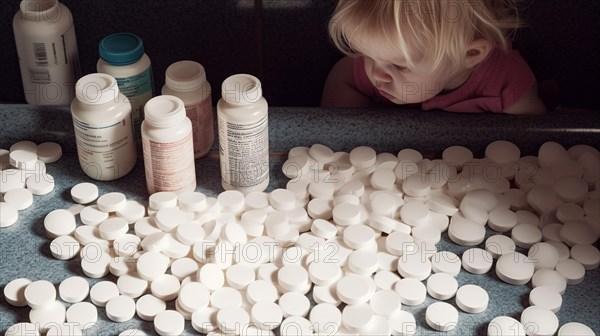 A young toddler has found some prescription pills at home