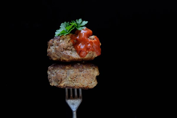 Two homemade meatballs on fork
