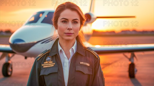 Proud young adult female airline pilot in front of her private executive jet on the tarmac