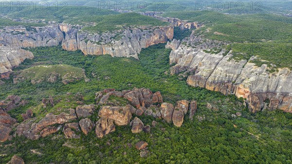 Aerial of the Sandstone cliffs in the Unesco site Serra da Capivara National Park