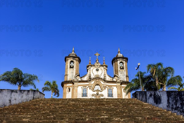 Staircase and facade of a historic baroque church in the city of Ouro Preto in Minas Gerais