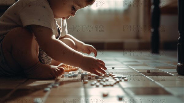 A young toddler has found some prescription pills at home