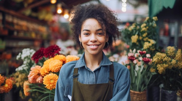 Proud young adult multi-ethnic female at the entrance of her quaint flower shop in europe