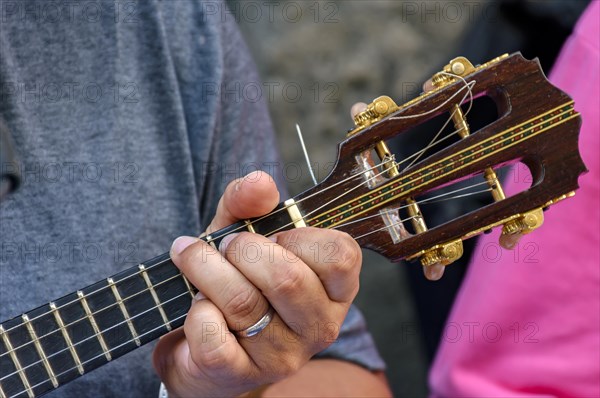 Small guitar with four strings called cavaquinho in Brazil and traditionally used in the styles of samba and chorinho